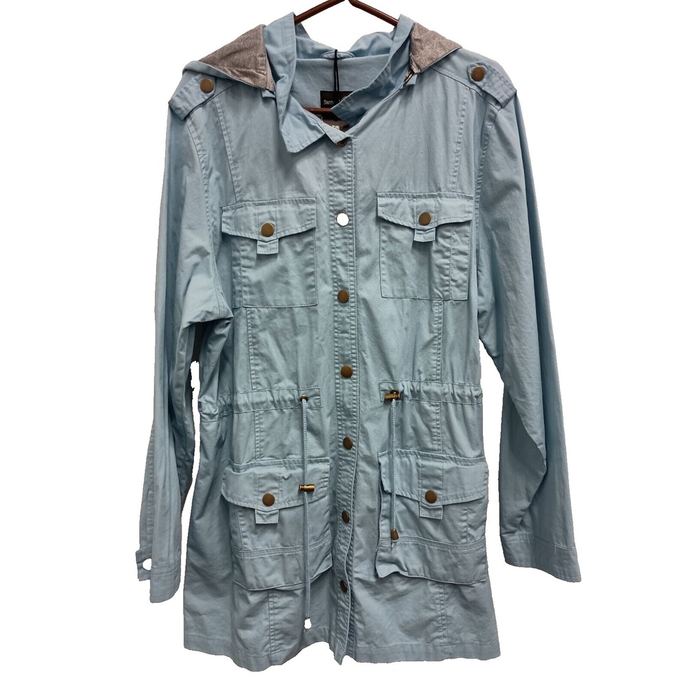 Switch Hoods Womens Cargo Jacket Size 1X Blue Removable Hood Lightweight New